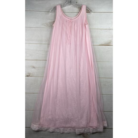 Miss Elaine Vtg 60s Nightgown Chemise Sheer Daisy Lace Trim Lingerie Peignoir
